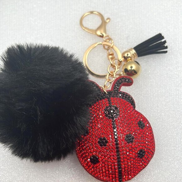 Ladybug Purse Charm Keychain - Black Pom Pom - Black Tassel - N… - Picture 1 of 6